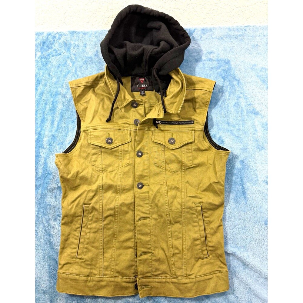 GUESS Mens Hooded Denim Utility Vest Khaki Tan Button Up Casual Size Medium NWOT
